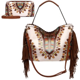 Bright African Black Dashiki Ostrich Fringe Tassels Western Country Handbag Women Shoulder Bag Wallet Set (Brown Set)
