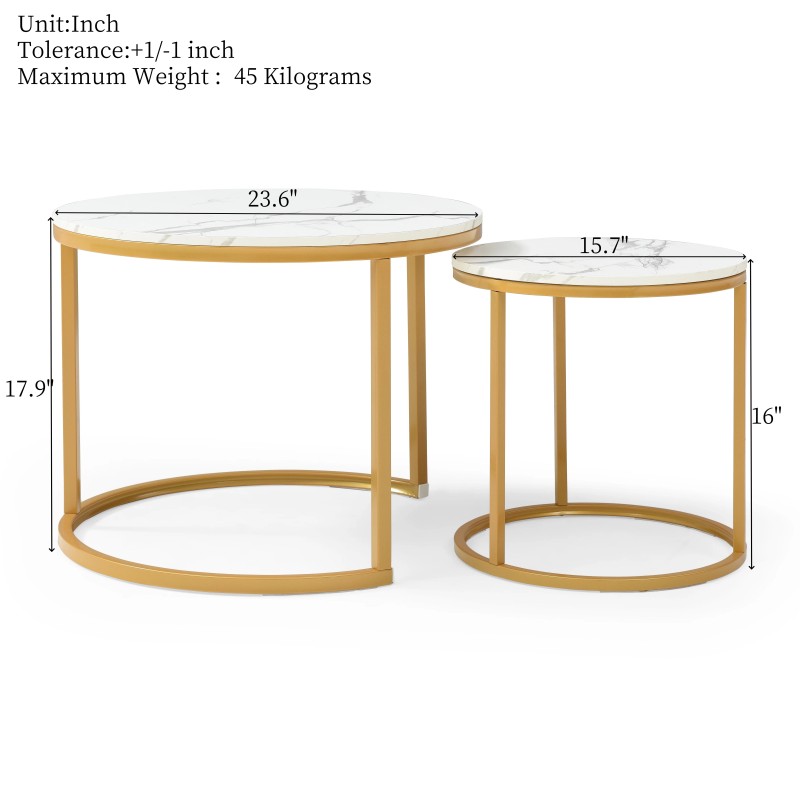 Set 2 Nesting Coffee Table White Gray Top Golden Frame