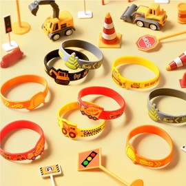 24 PCS Construction Party Favors Birthday Supplies for Kids Unique Self-Design Construction Print Silicone Bracelets Boy Girl Bulk Toy Gift Goodie Bag Stuffers Pinata Filler Classroom Rewards