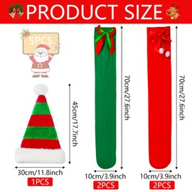 Giugio Women's Christmas Overknee Stockings, 2 Pairs Christmas Bow Stockings and Santa Hat, Christmas Over Knee Stockings, Striped Knee High Long Socks, Red and Green, red