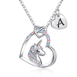 TINGN Unicorn Gifts for Girls Necklace, 14K White Gold Plated Initial Heart Pendant CZ Unicorn Chain with Letters Girls Unicorn Jewellery Birthday Gifts for Daughter Girls, Brass, Cubic Zirconia