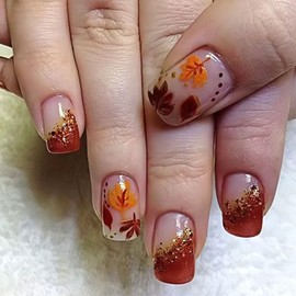 Autumn Press on Nails Medium Square Fake Nails Red French Tip Acrylic Nails with Maple Leaves Dot Deisgns Silver Glitter Glue on Nails Pink Full Cover Artificial Stick on Nails for Women 24 Pcs