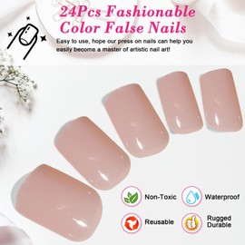 Ceboic 24Pcs French Pink False Nails, Short Square Stick on Nails Nude Pure Color Press on Nails, Artificial Acrylic Full Cover Glue on Nails for Women Girls Nail Art Decorations