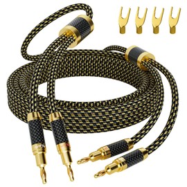 Mygatti Hi-Fi Speaker Cable 50 Feet, with Banana Plugs and Convertible Gold Plated Y Spade Connectors, (Silver Plated Copper Wire, 16AWG, Multiple Shield, Nylon Braided), for HiFi Sound, Audiophiles