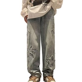 Sunidol Womens Star Applique High Waist Baggy Cargo Jeans Vintage 90s Y2K Grunge Relax Fit Distressed Denim S