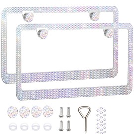 2 Pack License Plate Frames for Women, Sparkly Rhinestone Diamond Car Accessories with Glitter Crystal Caps (Colorful (2PCS))