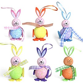 By Robelli 6pc 10cm Easter Egg Bonnet Shabby Chic Hanging Decoration Sets - Multicolour Egg, Chick & Bunny Sets for Boys & Girls (6pc Multicolour Bunnies)