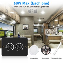 Linkstyle 12V Dimmer Switch, 2 Gang 60W PWM RV Trucks Marine LED Dimmer, ON/Off Rotary Dimmer for LED Strip Light, Puck Light, Ambience Light