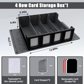 Card Storage Box with Commander Display 4-Row Deck Case with Removable Lid 2400+ Card Deck Box for MTG TCG Sports Card, 4 Toploaders, 4 Stoppers, 24 Dividers