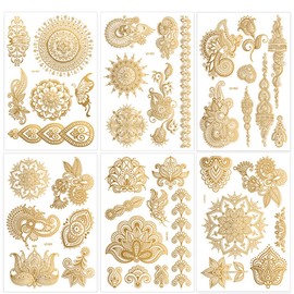 Henna Tattoos, Henna Temporary Tattoos Gold Flower Lace Waterproof Tattoo stickers for Women Wedding Party Festivals, & Parties Decoration Suppliers 6Sheets…
