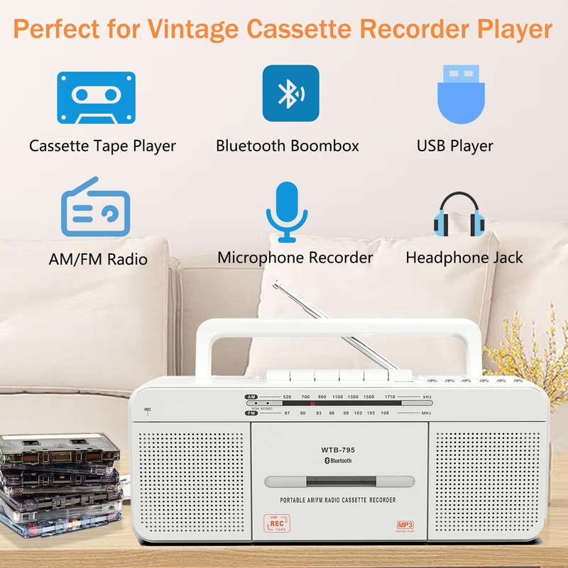 Cassette Player Boombox, Portable AM/FM Radio Stereo with Bluetooth, USB,