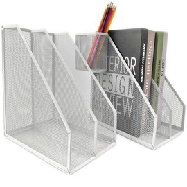 RHONZHAO 2 Set Desk Organizers, Metal Desk Magazine File Holder and 1 Pen Holder, 2 Compartments Mesh File Holder, Mesh Desktop Organizer and Storage (white)