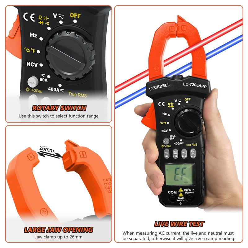 LYCEBELL Clamp Meter Digital Multimeter, LC-7200APP Multimeter Tester, TRMS 6000