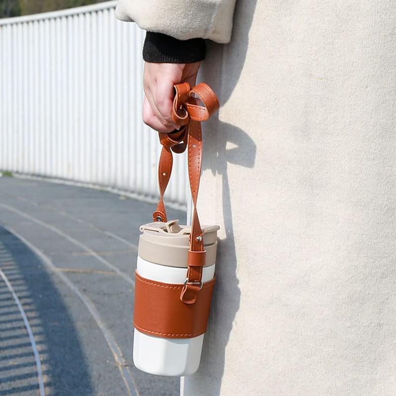 Bombinate Leather Cup Holder Round Coffee Handle Strap Bag
