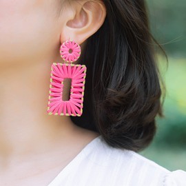 Statement Raffia Earrings Boho Drop Earrings Geometric Dangle Earrings for Women Handmade Straw Earrings Beach Earrings(Gold/Rose)