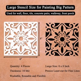 Reusable Floor Stencils Tile Stencils Concrete Stencils for Painting Floors, Tiles, Walls, Walkway, Patio, Front Porch, Concrete Floor, 4-Pack, 8x8 Inches, Mexican Pattern