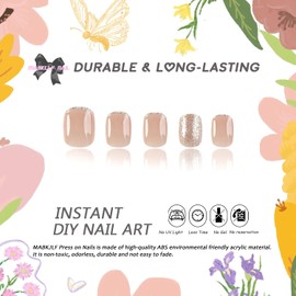 French Tip Press on Nails Glitter Petite Short Square Fake Nails Pink Nude Glossy Design Sparkly False Nails Glue on Nails with Full Cover Acrylic Stick on Nails for Women Girls Nail Decorations 24Pcs