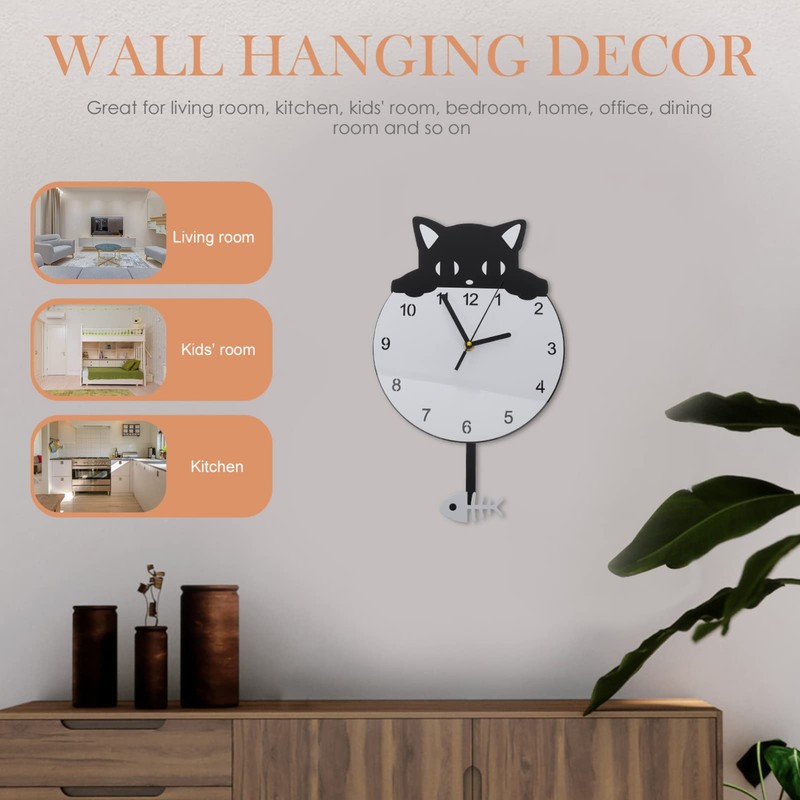 HOMSFOU Silent Wall Clock Wall Hanging Clock Round Cat Kitten