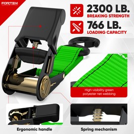 FORTEM Ratchet Straps, 2300lb Break Strength, 4 15ft Tie Down Strap Set, 4 Soft Loops, Motorcycle Straps Tie Downs, Cargo Straps for Trucks, Rubber Handles,S-Clips, Coated Metal Hooks, (Green)