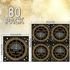 FYSUIMU 80Pcs Happy New Year Paper Napkin Ring in the New Year Disposable Dinner Napkin Black Gold Luncheon Napkin for Christmas Party Supplies Table Decor