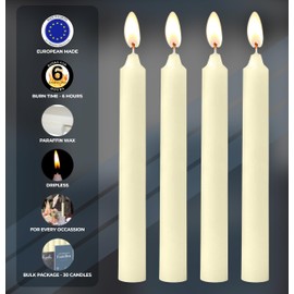 Hyoola Taper Candles - 7 Inch Ivory Dripless, Unscented Dinner Candle - 30 Pack European Made Candles 6 Hour Burn Time