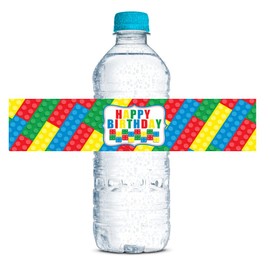 Building Blocks & Bricks Birthday Themed Waterproof Water Bottle Sticker Wrappers 20 Wrap Around Labels Sized 1.75" x 8.5" by AmandaCreation