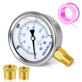MEANLIN MEASURE 0~4000Psi Stainless Steel 1/4" NPT 2.5" FACE DIAL Liquid Filled Pressure Gauge WOG Water Oil Air Lower Mount, with 1/4" x 1/2" NPT and 1/4" x 3/8" NPT Hex Bushing