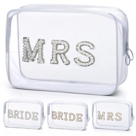 MRS Clear Makeup Bag, Etercycle Bridal Shower Gifts Engagement Cosmetic Bag, Bling Pearl Rhinestone Letter Patches PVC Travel Organizer for Engagement Bachelorette Party Women Wedding Bridal (Silver)