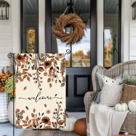 Cloudfomila Fall Brown Daisy Floral Welcome Garden Flag 12 x 18 Inch, Autumn Thanksgiving Burlap Double Sided Small Flag Yard House Farmhouse Seasonal Holiday Patio Outside Decoration