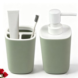 2PCS Bathroom Accessories Set, Sage Green Soap and Toothbrush Holder Set Include Soap Dispenser and Toothbrush Holder, Bathroom Accessory Set for Boho Sage Green Bathroom Decor