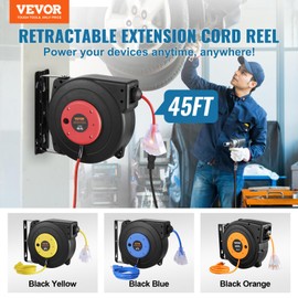 VEVOR Retractable Extension Cord Reel, 45 FT, Heavy Duty 12AWG/3C SJTOW Extension Power Cord with Lighted Triple Tap Outlet, 15A Circuit Breaker 180° Swivel Bracket for Ceiling or Wall Mount, Red