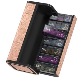 TALVOLC M PU Leather 7-Day Pill Organizer, Discreet & Scratch-Resistant, Removable 2 Times a Day Pill Case, Large Travel Medication & Vitamin Dispenser (Organge-Pink)