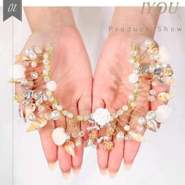 IYOU Princess Gold Flower and Shell Headpiece Pearl Hair Chain Crystal Bridal Hair Accessories for Flower Girls