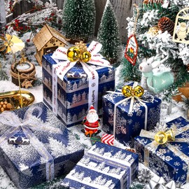 LeZakaa Navy Christmas Wrapping Paper Min Roll, Snowy Woodland Scenes House Snowflake Tree Holiday Gift Wrap, Arts Craft, for Xmas Winter Party Men Women, 17 x 120 inches, 3 Rolls