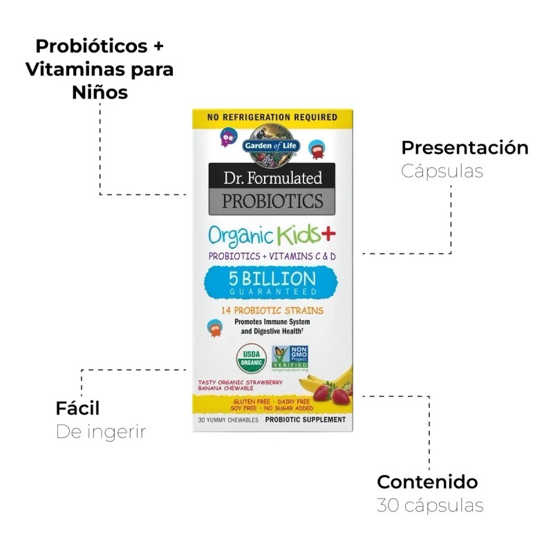 Garden Life Probióticos Niños Orgánicos Fresa Banana Tabletas Masticables