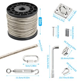 70 Pcs Kit Wire Rope 3 mm, 30 m Steel Cable with Eyelets, 4 Carabiner Hooks, 4 Rope Tension Set, 20 Crimping Loops, 10 Wire Rope Clamps, 10 Thimbles, 4 Eye Bolts, Washing Line Camping 7 x 7 PVC Coated