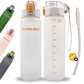 Evolike Water Bottle 1 Litre Space Frosted with Straw Leak-Proof BPA-Free Water Bottle for Work University School Office Leisure Sports Fitness Gym Outdoor Hiking Bicycle (White)