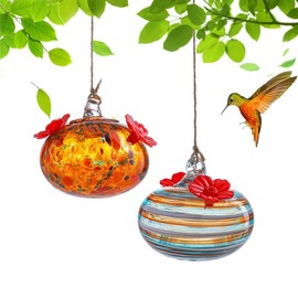 2pcs Small Blown Glass Hummingbird Feeders for Outdoors 3.2in Hanging Glass Humming Bird Feeders for Window Patio Decor with 2 Flower Feeding Ports