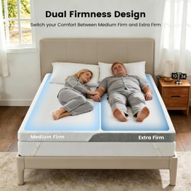 Extra Firm Mattress Topper Queen: 3 Inch Dual Firmness Flippable, Left Medium Firm & Right Extra Firm, High Density Foam for Back Pain, Washable Anti-Slip Cover, Oeko-TEX CertiPUR-US Certified, 80x60