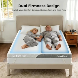 Extra Firm Mattress Topper Queen: 3 Inch Dual Firmness Flippable, Left Medium Firm & Right Extra Firm, High Density Foam for Back Pain, Washable Anti-Slip Cover, Oeko-TEX CertiPUR-US Certified, 80x60