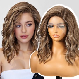 KOME Brown Balayage Synthetic Lace Front Wig,Short Curly Bob Wig,Shoulder Length Wig for Women Daily Use 14IN
