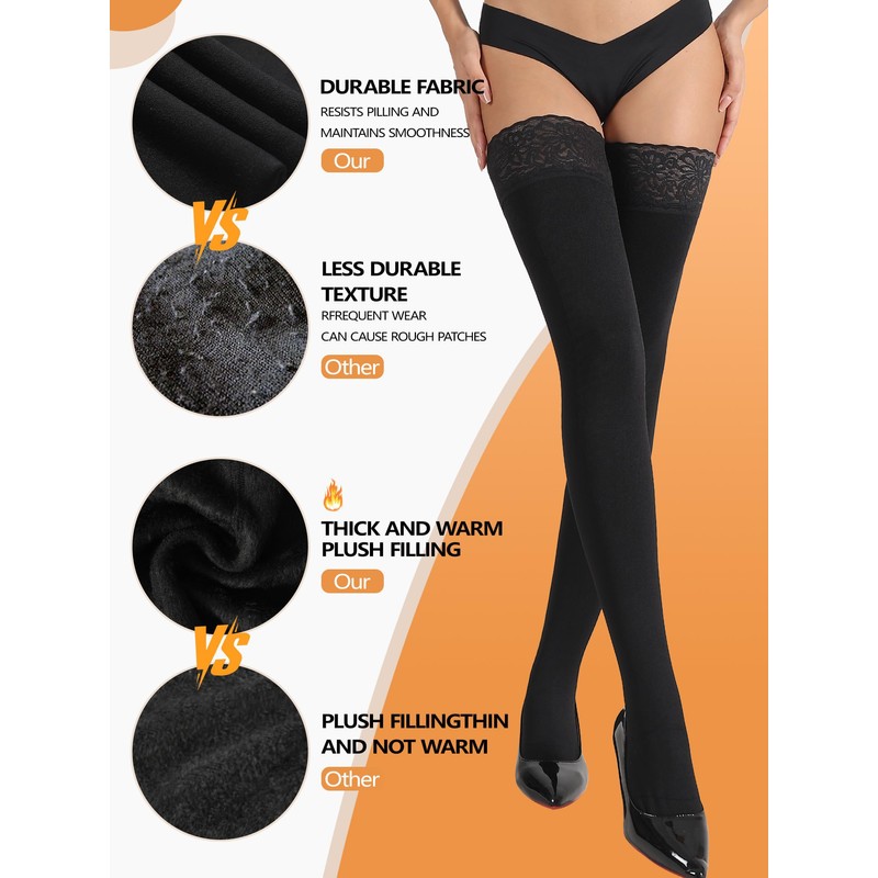 DORALLURE Fleece Lined Thigh High Stockings for Women Opaque Lace