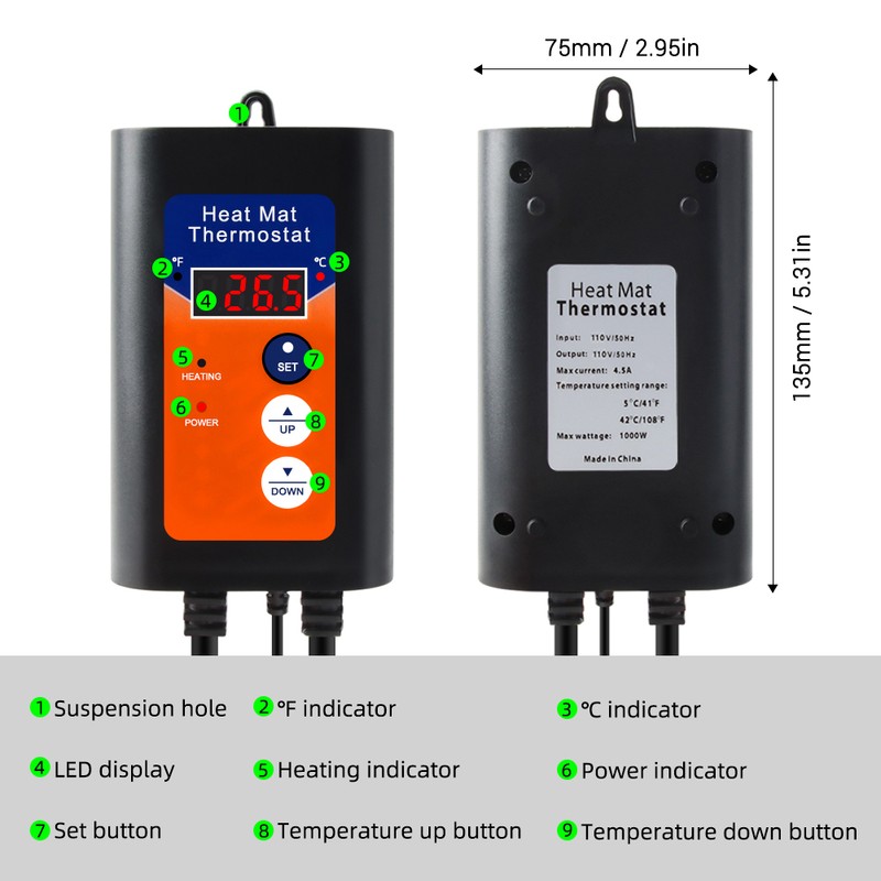 Digital Heat Mat Thermostat 1000W 110V 41-108℉ Temperature Controller with