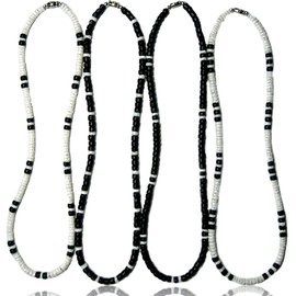 Native Treasure 20" (4 Pack) Mens and Womens Summer Beach Surfer Necklace from The Philippines, Black Coconut Beads and White Ark Shells
