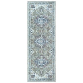 Bloom Rugs Washable Non-Slip 10 ft Runner - Green/Blue Traditional Medallion Runner for Entryway, Hallway, Bathroom, and Kitchen - Exact Size: 2.5' x 10'