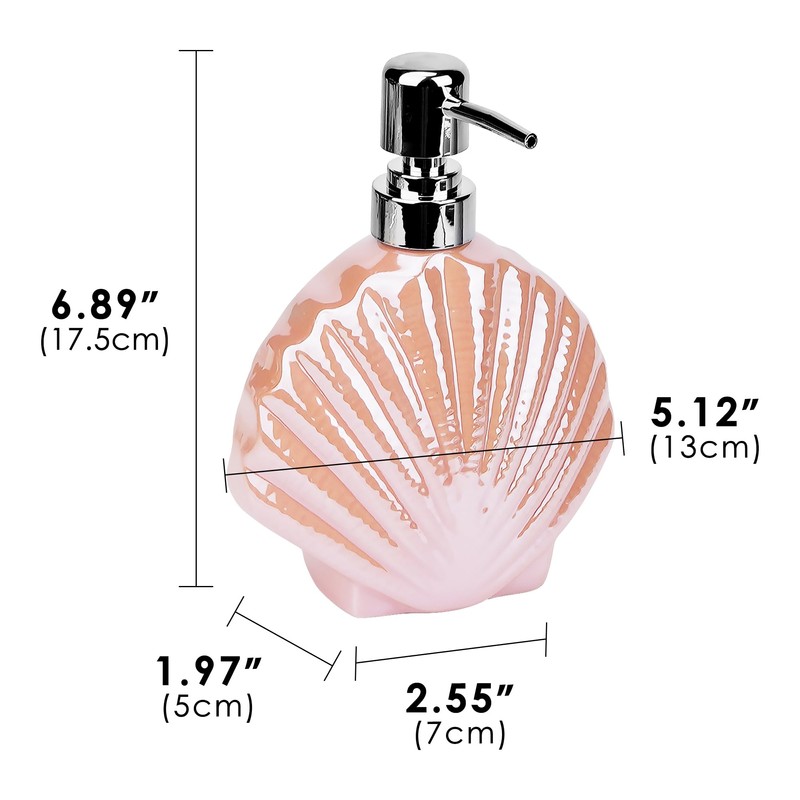 BUNCHBRAVO Ceramic Soap Dispenser, Pink Seashell Design, Refillable 14 Oz