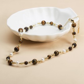 IDOKAWA Natural Tiger Eye Pearl Necklace 18K Gold Beaded Necklace for Women