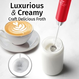 Zulay Kitchen Rechargeable Milk Frother Handheld Lux - Powerful 2-Speed Motor, Waterproof, 2000mAh Battery - Drink Mixer for Latte, Cappuccino, Matcha & Protein Powder - Scarlet