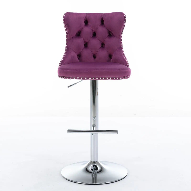 Purple Velvet Barstools Adjustable Height Chrome Base Swivel Tufted Back