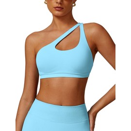 ABOCIW One Shoulder Sport Bras for Women Seamless Cutout Adjustable Strap Low Impact Asymmetrical Workout Yoga Tops Ice Blue Large